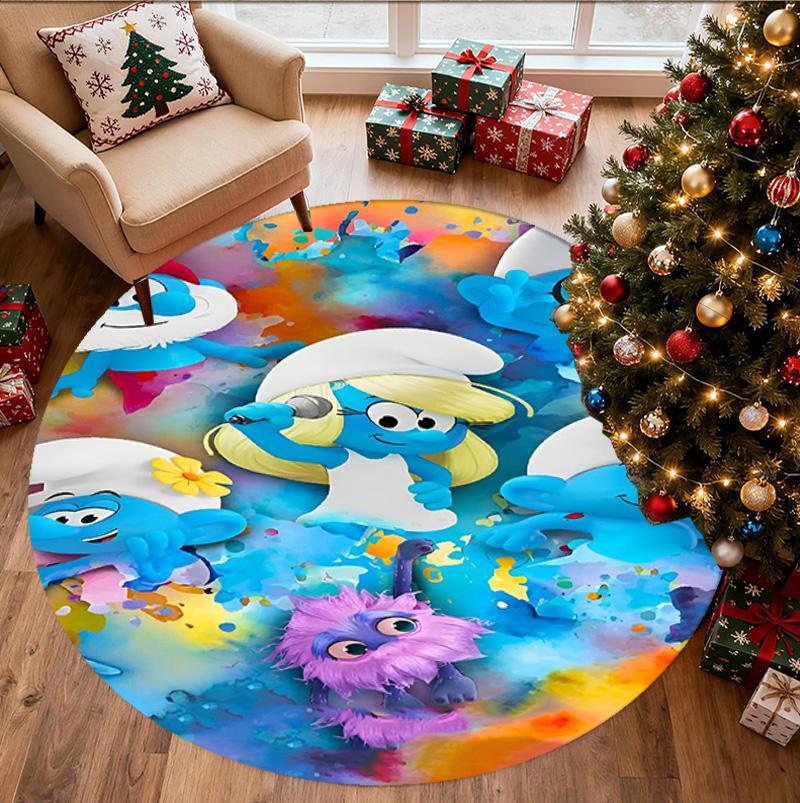 Blue Smurfs Pattern Round Rug, Indoor/Outdoor Mat, for Picnic, Gameroom, Bedroom, Office, Living Room, Home Decor Carpet, Birthday Gift