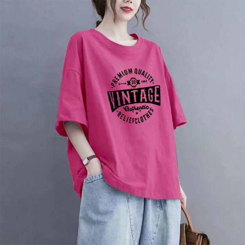 

Age-reducing Cartoon Print Summer Large Size Short-sleeved Outer Wear New Round Neck Bottoming Shirt XL рожевий