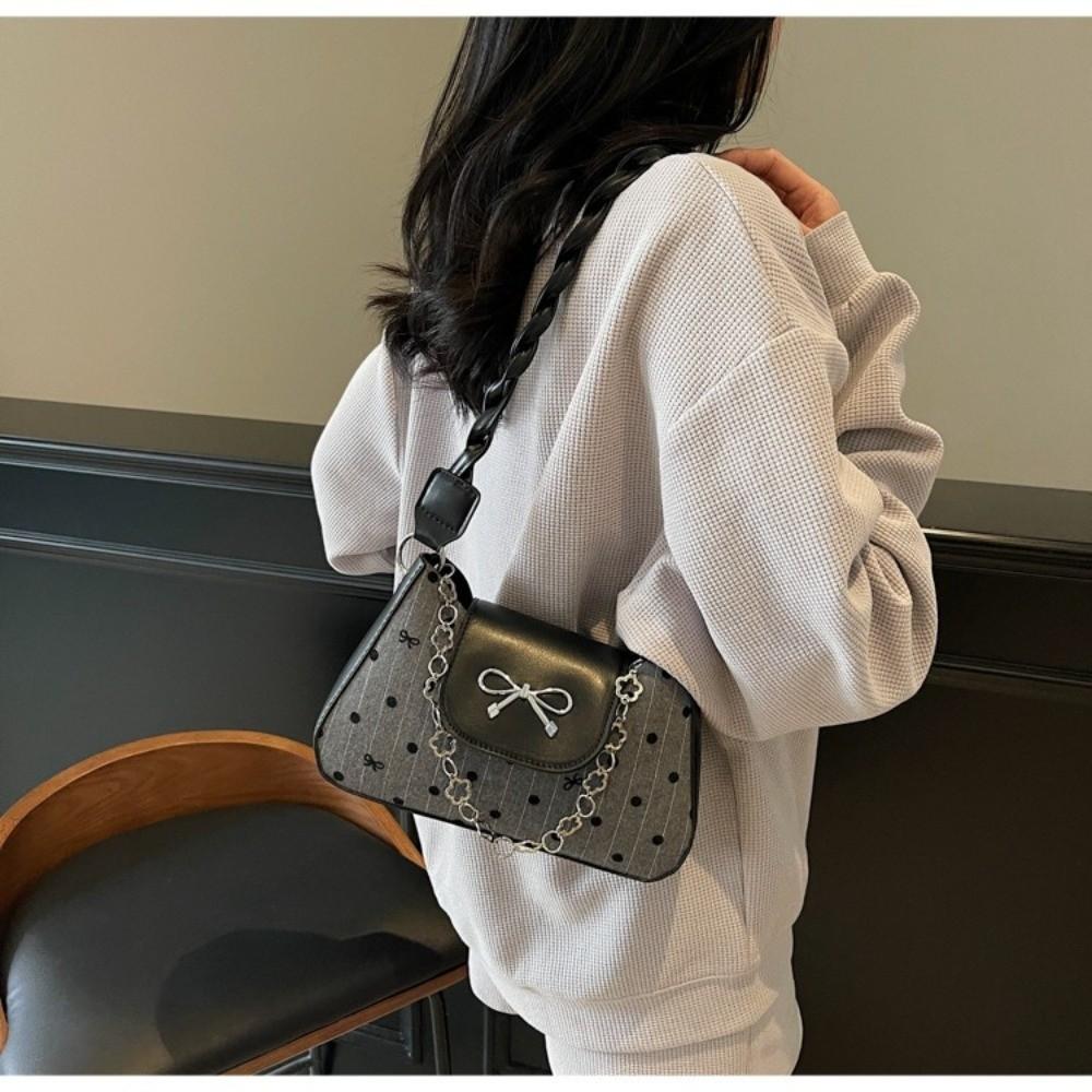 Trendy Retro Women Tote Bag Bow Design Polka Dot Stripe Pattern Crossbody Bag Large Capacity Shoulder Bag