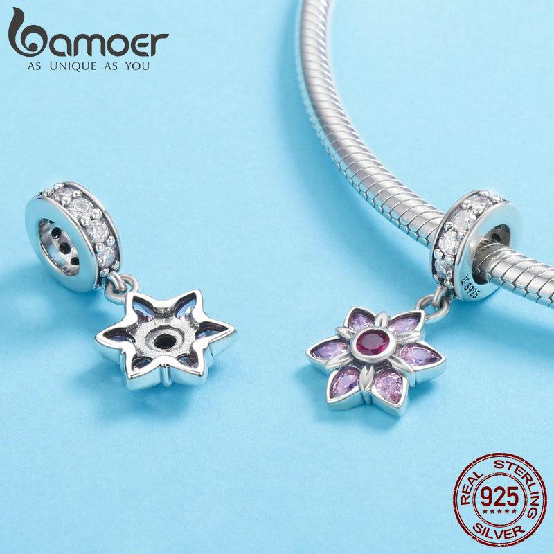 BAMOER 100% 925 Sterling Silver Pendant Pink Crystal Spring Flower Pink CZ Charm Fit Charm Bracelet