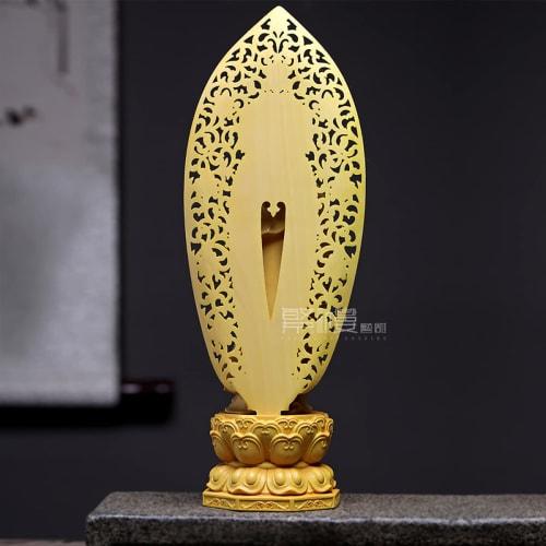 Standing Kannon Bodhisattva Statue, Buddhist Altar Statue, Wood Carving, Arabesque Halo, Boxwood, Prayer, Protection from Evil, Hanro Art Carving (27c