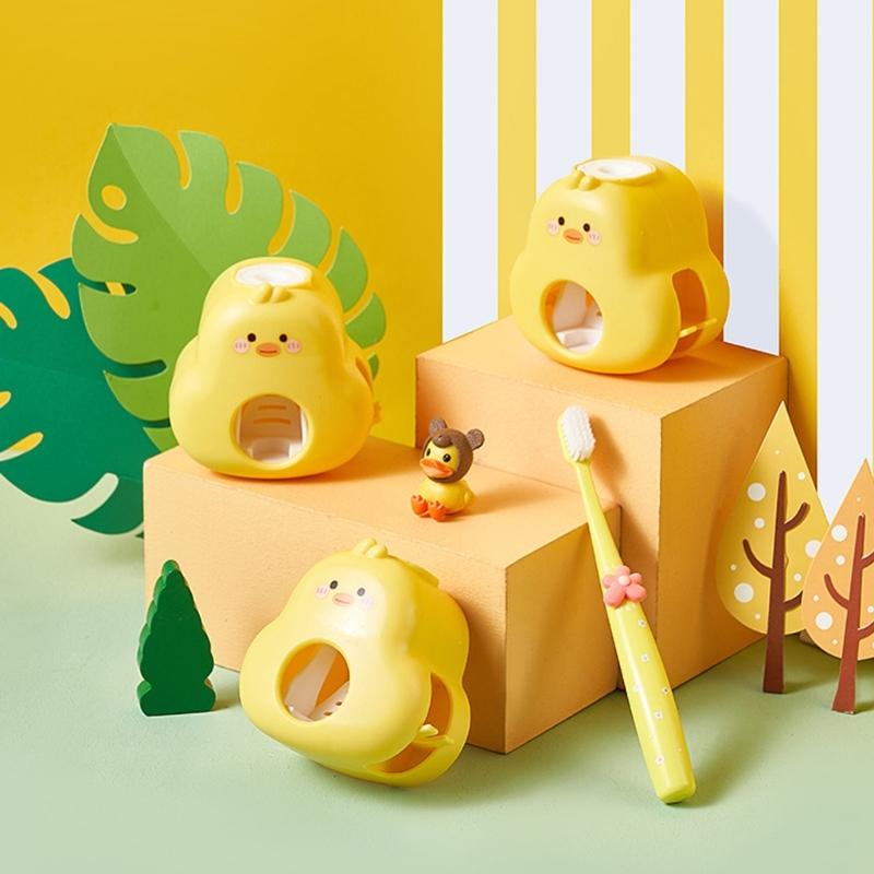 Cute Duck Design Toothpaste Squeezer Wall Mounted Space Saving Auto Dispenser Toothbrush Holder Rack For Home Bathroom