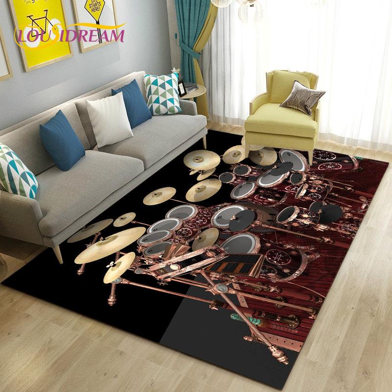 Teppich mit Schlagzeug, Musikinstrumenten, groß, Teppich für Wohnzimmer, Schlafzimmer, Sofa, Fußmatte, Küchendekoration, rutschfeste Bodenmatte für Kinder