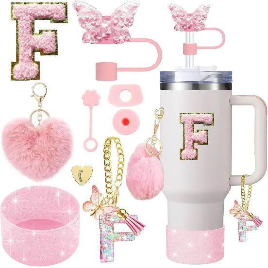 9PCS Accessory Set for Stanley Cup 30oz 40oz Butterfly Straw Cover Cap Silicone Boot Charm Initials Sticker Spill Proof Stopper Cup Holders 5