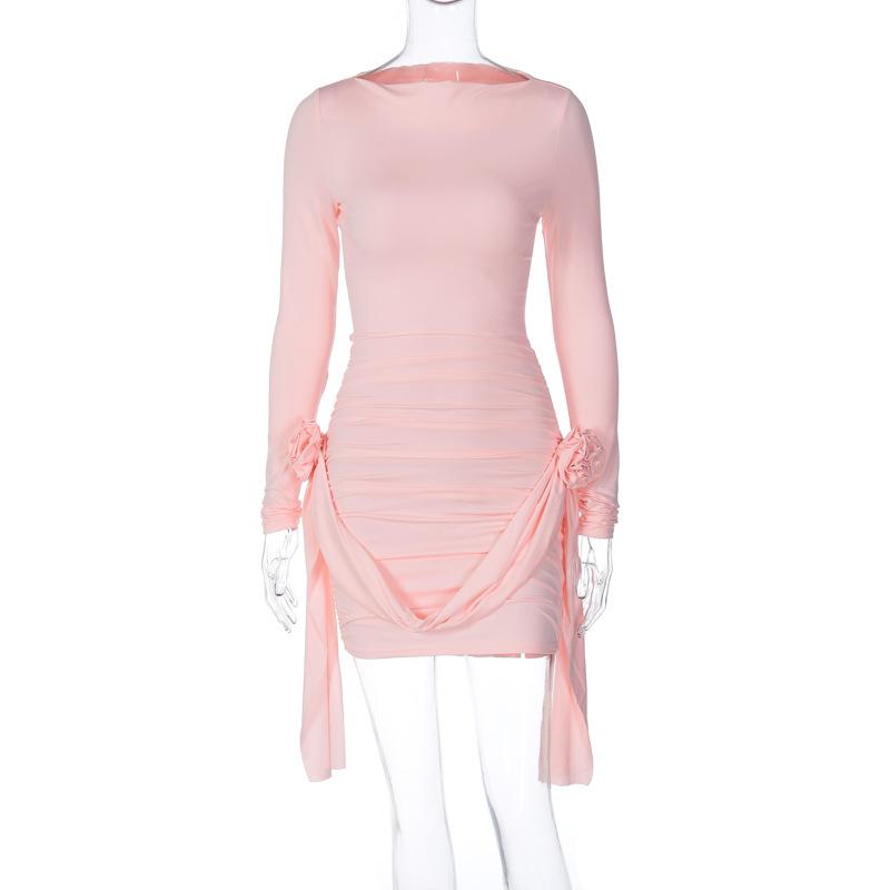 

Однотонные, длинные рукава, круглый вырез, облегающие, пэчворк, цветочные, универсальные вечерние платья L розовый