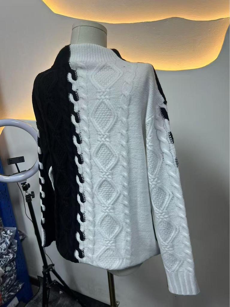 European & American Women's Color Block Patchwork High Neck Sweater