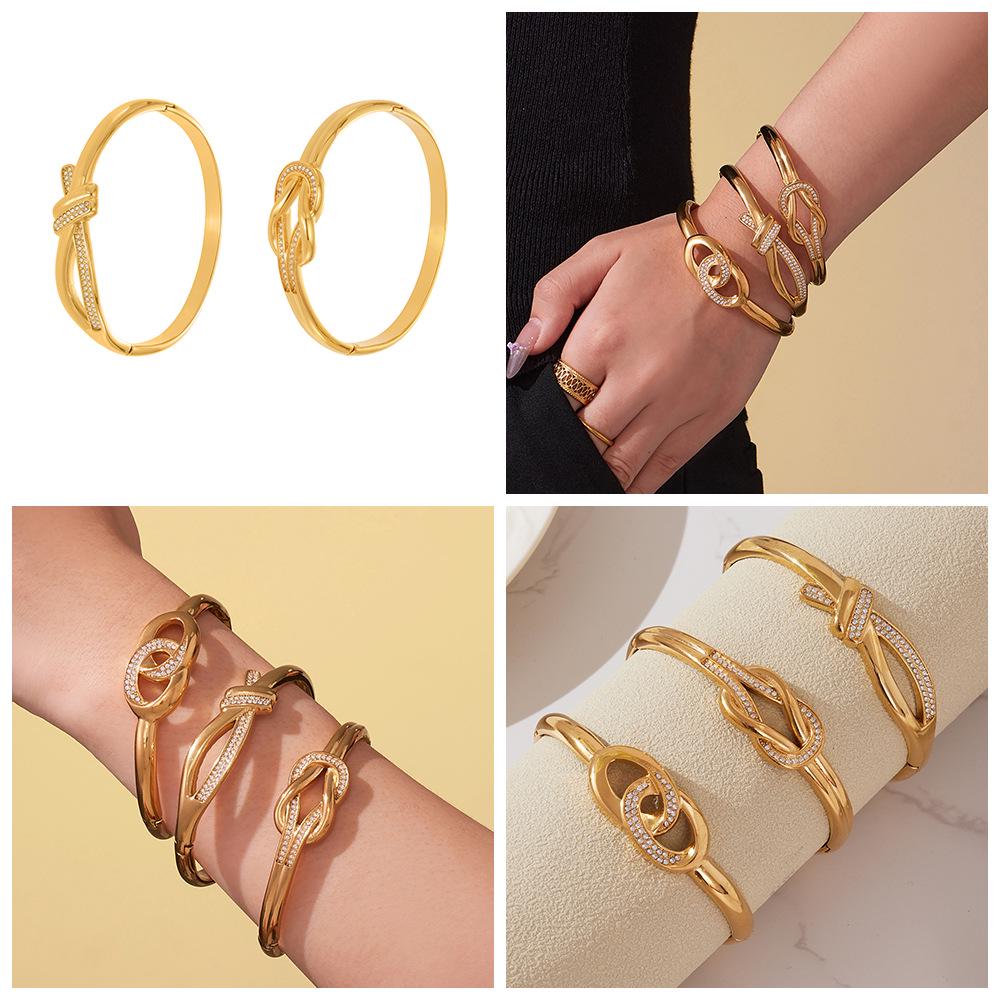 Oumeka Zirkon Doppelring Schnalle Edelstahl Armreif - Europäischer & Amerikanischer Modeschmuck