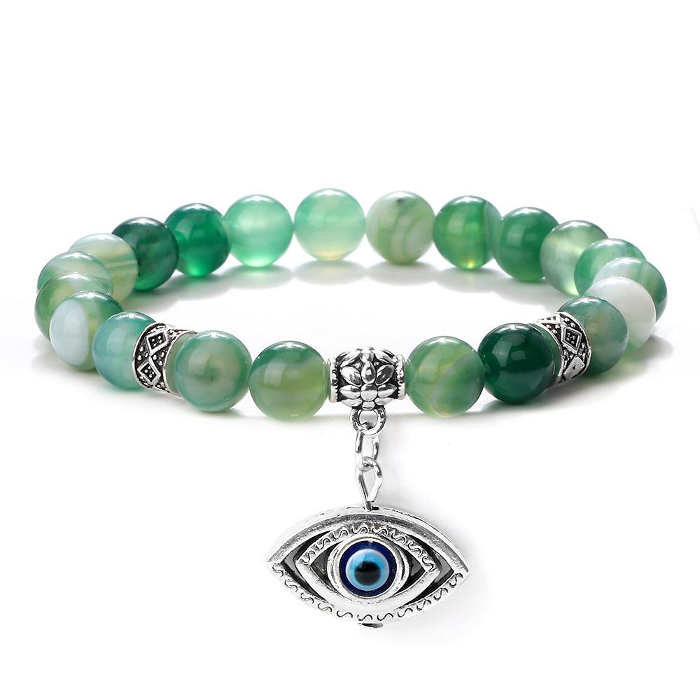Elastic Cord Bracelet with Tiger Eye and Evil Eye Beads and Alloy Pendant 6mm Bead