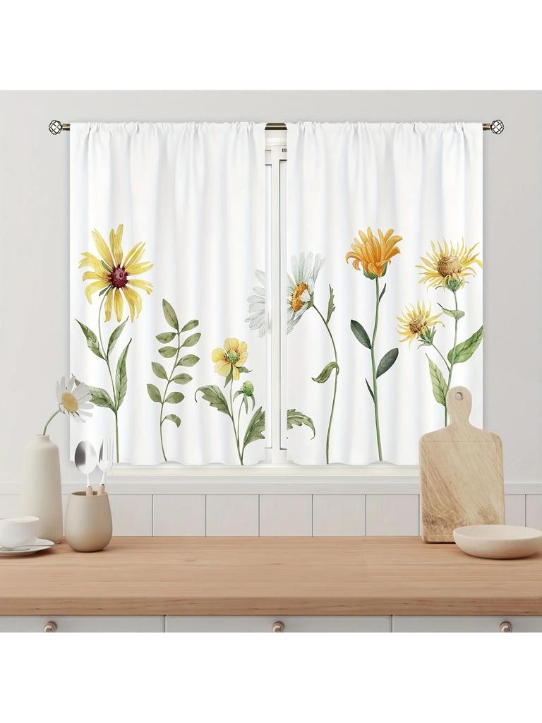 2 Pcs Window curtain,Modern Fresh Checkered Sunflower Printed Home Decoration Kitchen Bedroom Window Curtains With Rod Pocket