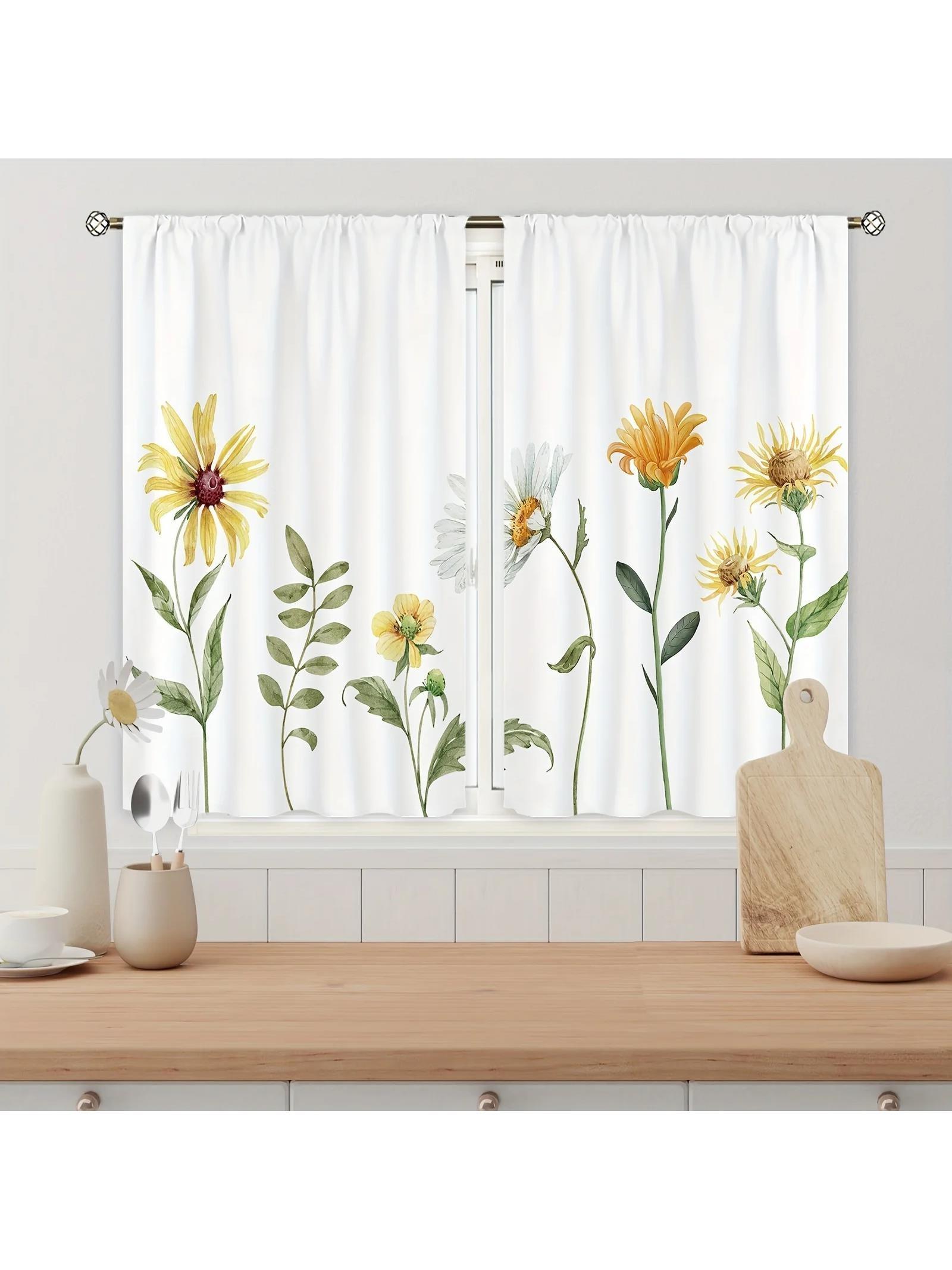 

2 шт. Занавеска для окна, Современная свежая клетчатая с принтом подсолнухов, Домашнее украшение, Кухонная спальня, Оконные шторы с кулиской 70x60CM