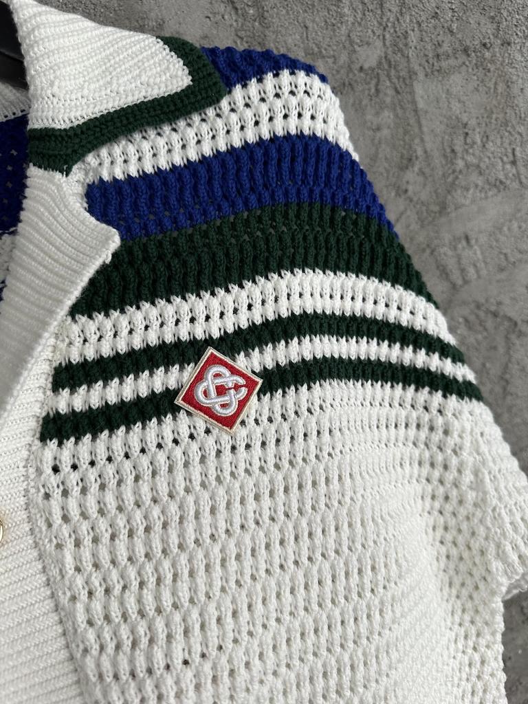 Skladem CASABLANCA Modrý pruhovaný Ručně pletený Svetr Cardigan z Čisté Bavlny