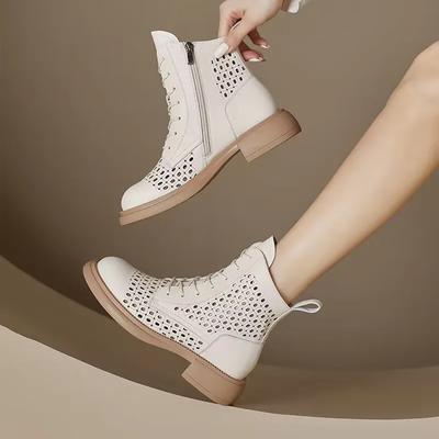 Retro Genuine Leather Hollow Cool Boots for Women with Thick Soles and Lace Up Korean Zipper Casual Women's Shoes
