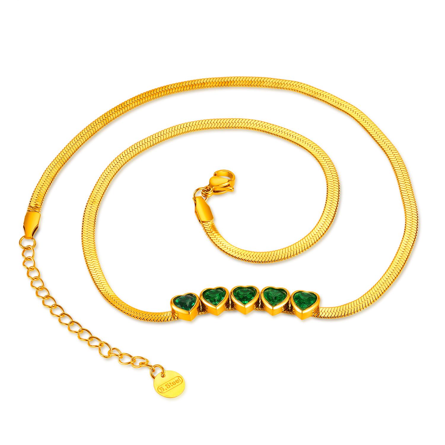 

European & American Fashion Retro Heart Necklace - Gold-plated Stainless Steel with Emerald Zircon for Women