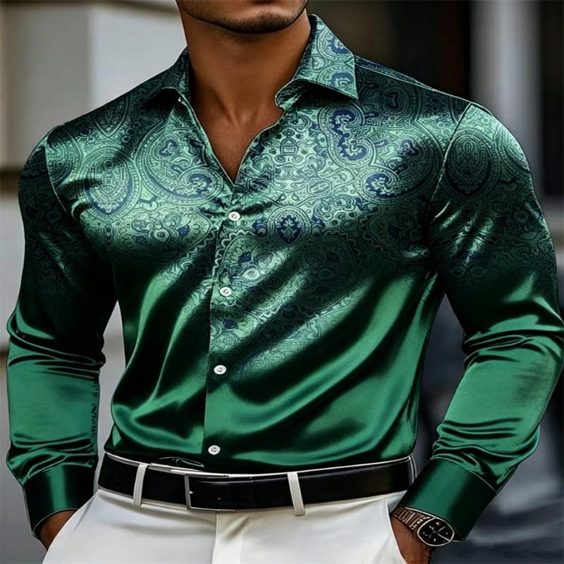Men Luxury Satin Paisley Jacquard Shirt Long Sleeve Slim Fit Button Up Dress Shirts Male Business Wedding Party Banquet Formal