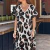 Women Summer T-shirt Shift Dress Leopard Print Short Sleeve V Neck