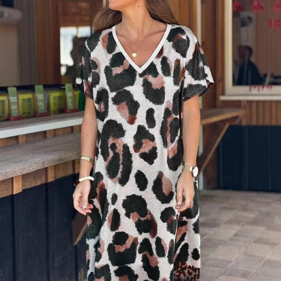 Women Summer T-shirt Shift Dress Leopard Print Short Sleeve V Neck