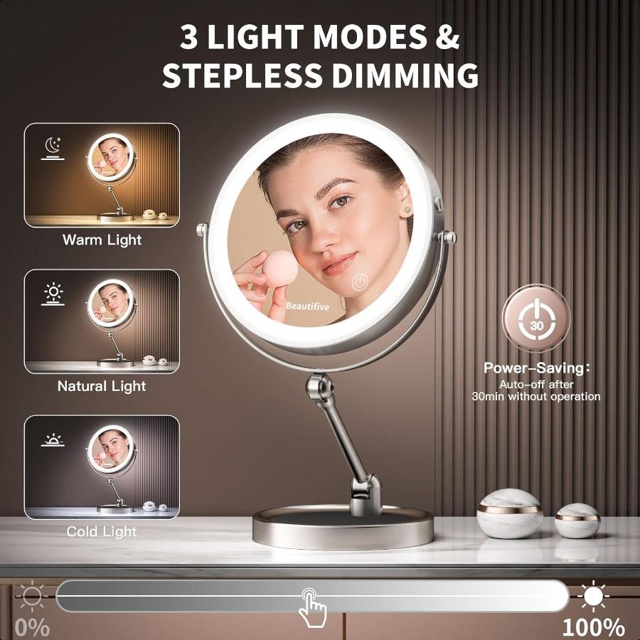 9 Makeup Mirror with Light 12X 1X Lighted Magnifying Mirror Angle Adjustable 3 Color Dimmable 360Rotatable Rechargeable Double