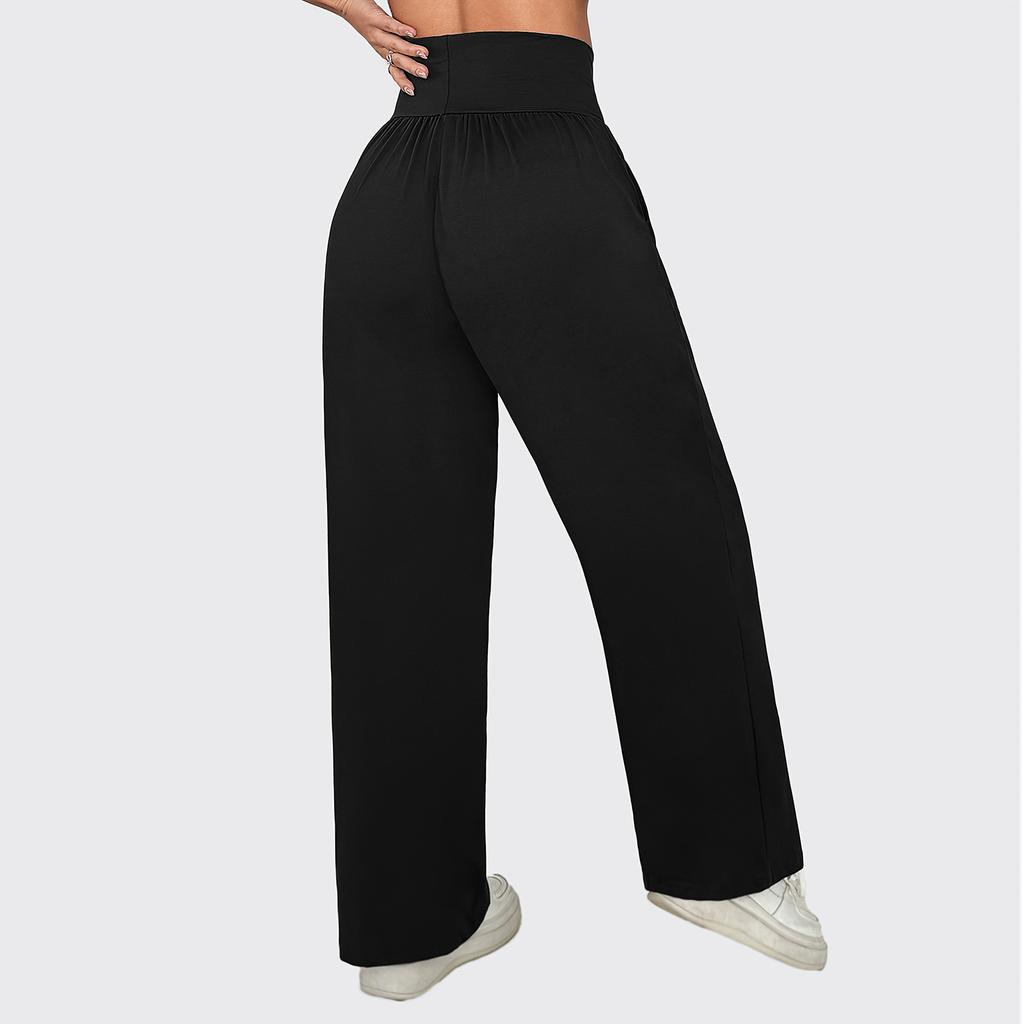 Women's Fashionable Solid Color Straight Leg Pants With High Waist Button Pockets And Elastic Waist Casual Pants