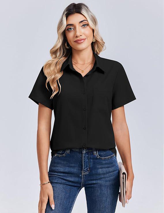 Chemise Boutonnée Manches Courtes Couleur Unie pour Femme - Haut Business Casual/Formel pour le Travail, Collection Printemps/Été 2026