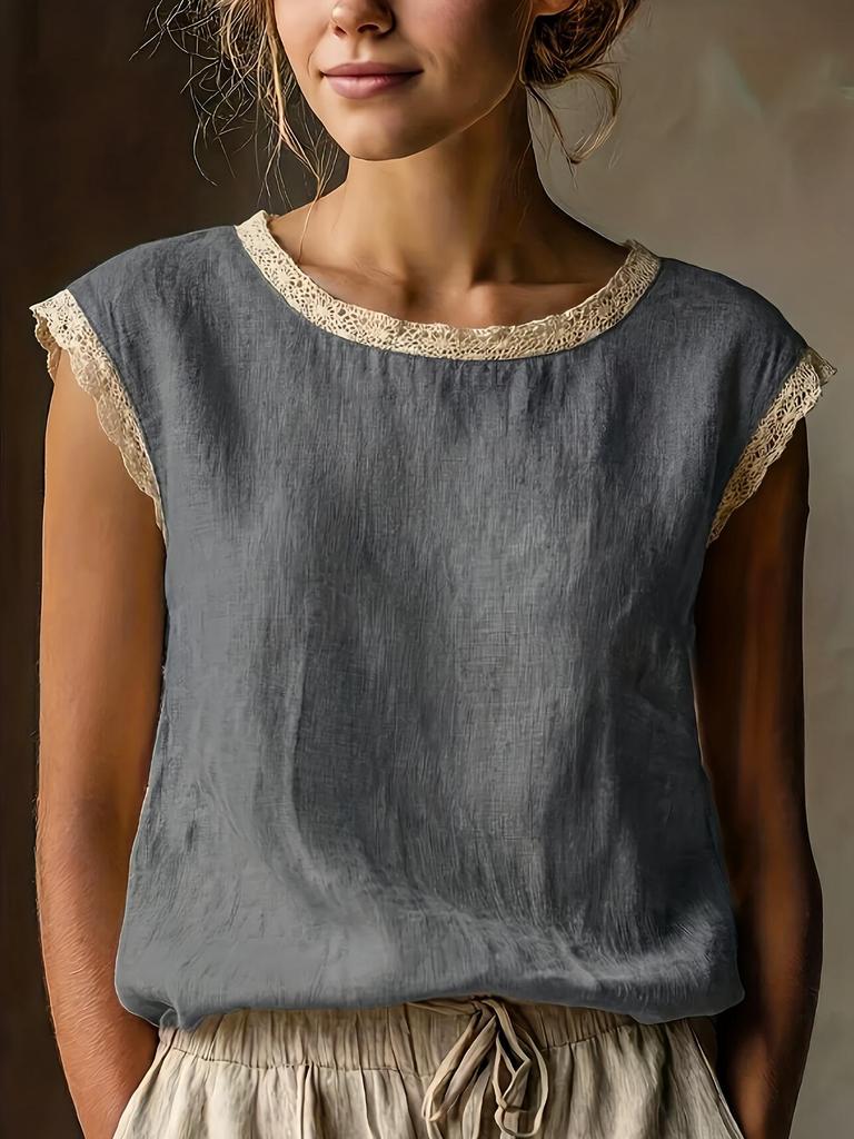 2026 Damen Retro Lockeres Ärmelloses Leinenhemd mit Spitzen-Patchwork
