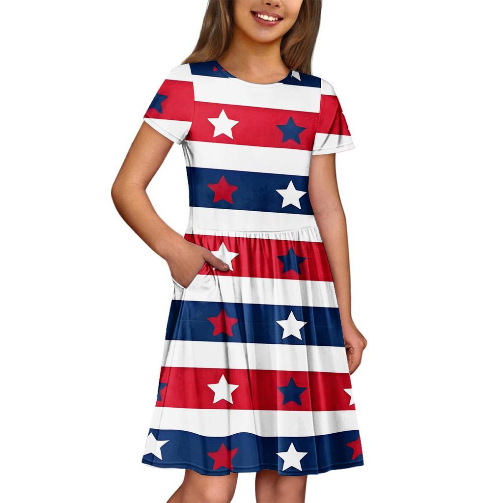 Girl Summer Dress  Solid Color & Print Sleeveless Dress With Pocket Casual Dress Shorts Sleeve Party Dress