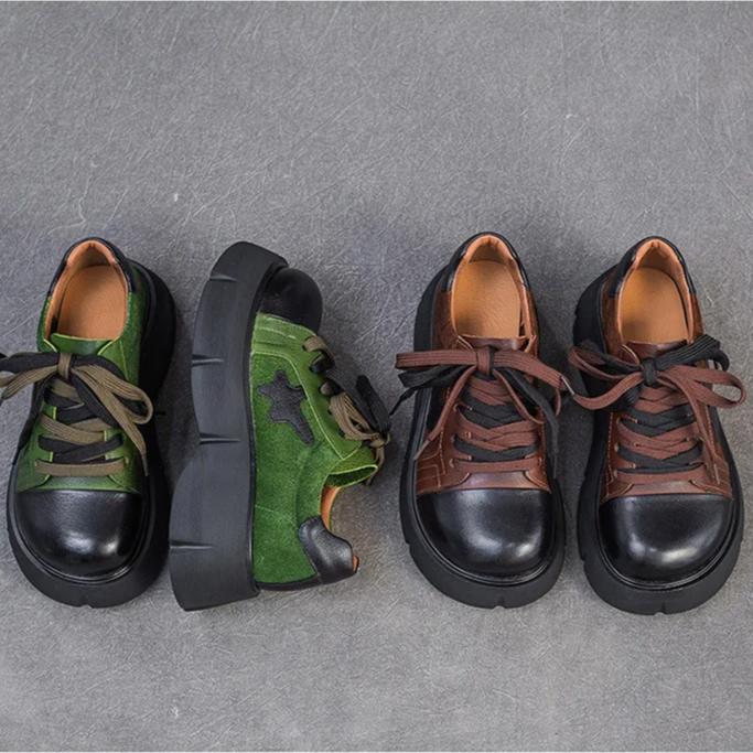Johnature Genuine Leather Pumps Thick Soled Round Toe Mixed Colors Lace-up Fashion Versatile Women's Shoes