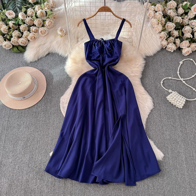 

Seaside Holiday Dress Women s Summer Inspirational Sexy Backless Waist Trimming Slim Looking A- line Large Hem Long Strap Skirt Tide Royal Blue 2XL