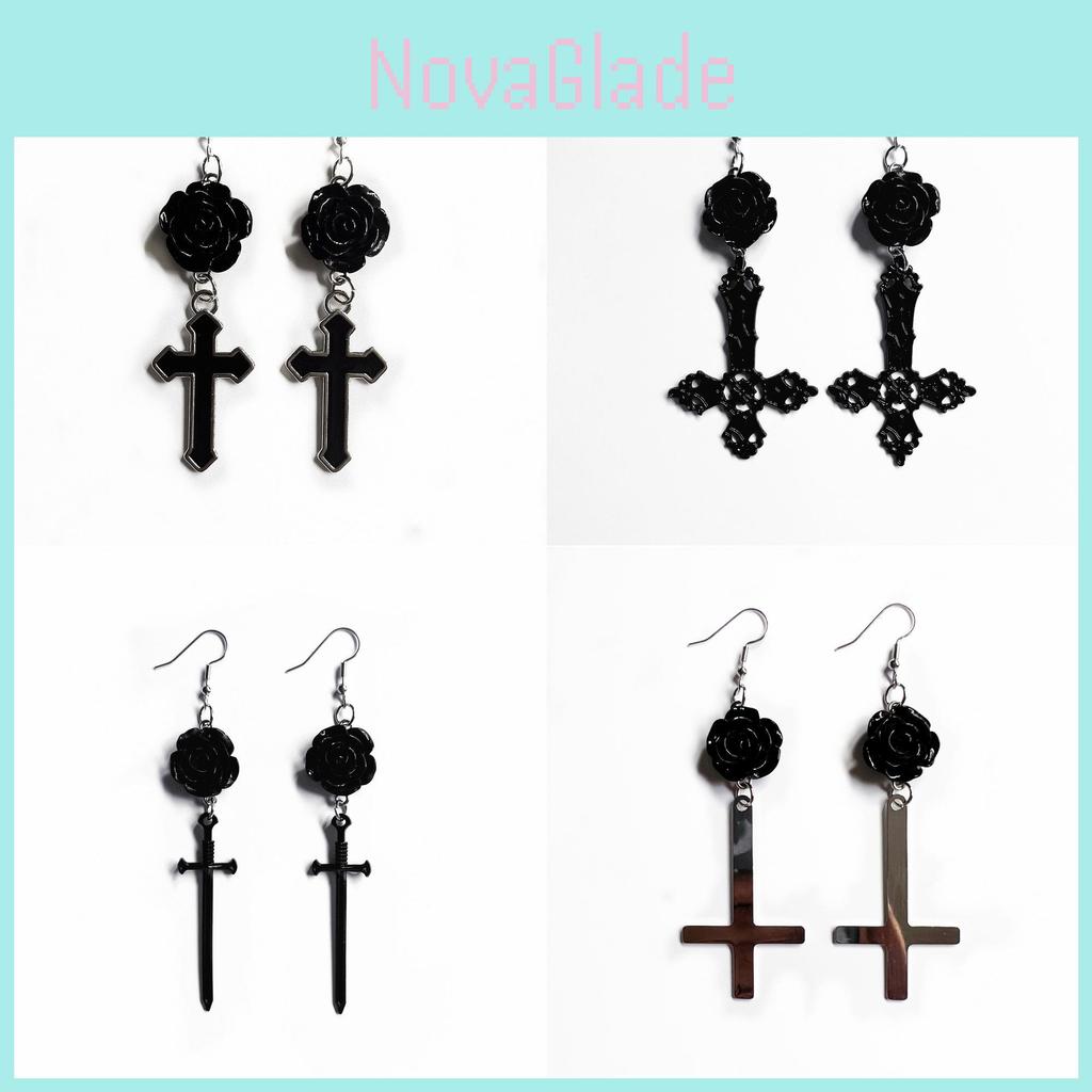 Gothic Black Cross Rose And Snake Animal Earrings With Handcrafted Alloy For Women