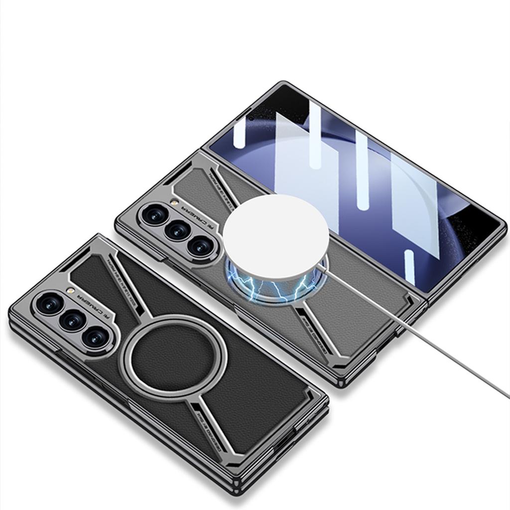 New Model Suitable for Samsung ZFold5 Folding Phone Case Magsafe Wireless Charging Z Shaped Leather Fold5 Leather Case