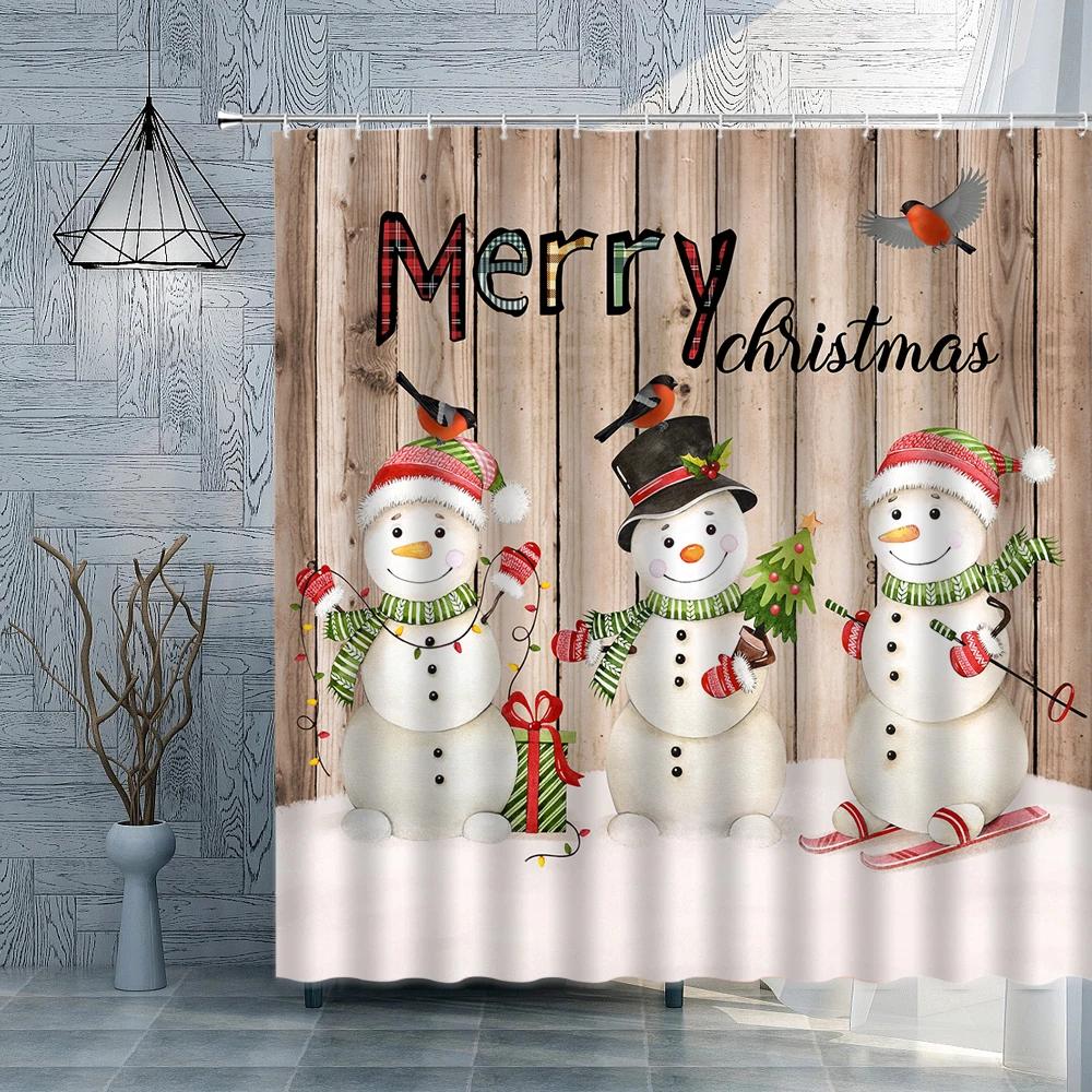 Christmas Shower Curtains Windows Xmas Balls Pine Tree Snowmen Cardinals Bath Curtains Fabric Bathroom Decor Winter Snow Woods