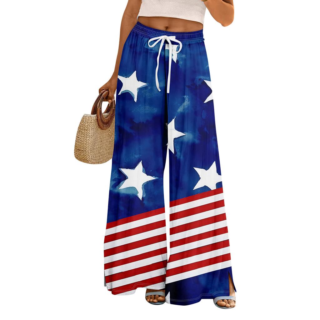 Damen Sommer Boho Palazzo Hose Hohe Taille Weites Bein Independence Printing Freizeithose mit Taschen