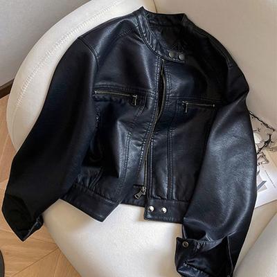 Vintage Style Motorcycle PU Short Loose Jacket Women's Spring/Autumn Retro Wide Collar PU Leather Short Loose Jacket