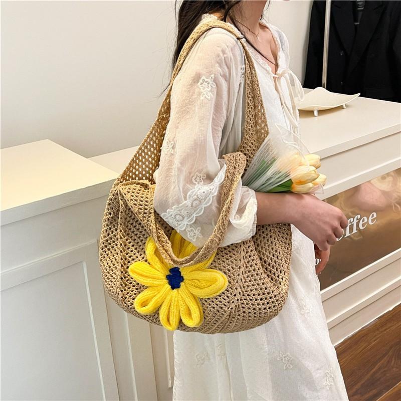 Borsa a Tote Grande Lavorata a Maglia Aperta Sopra Donna Casual a Spalla da Spiaggia 2025 Design Morbido Quadrato