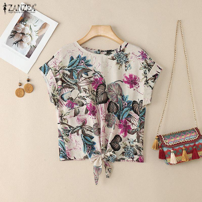 ZANZEA Women Casual Round Neck Summer Short Sleeve Print Cotton Blouse