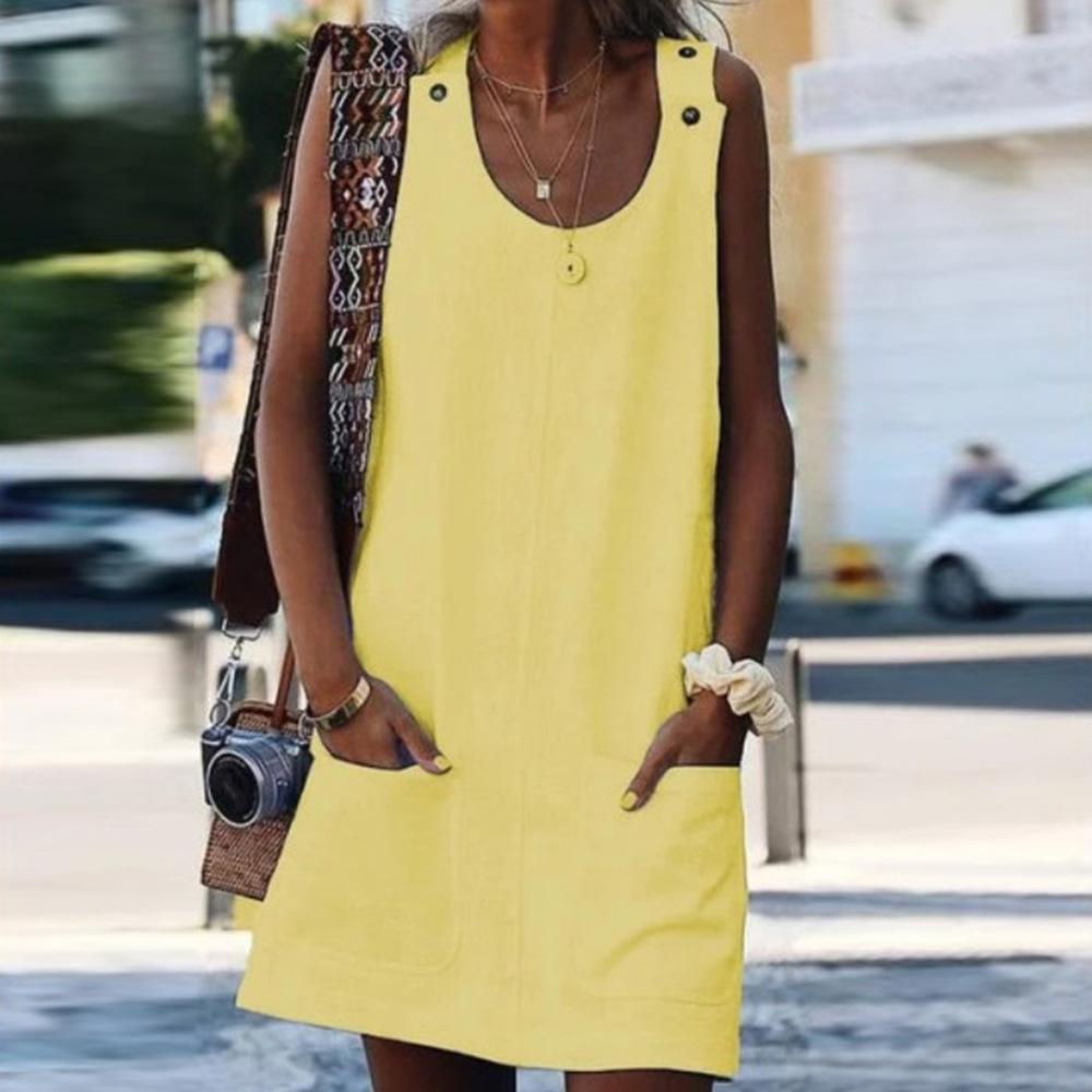 Tuta-vestito estiva da donna con tasche e bottoni in cotone e lino