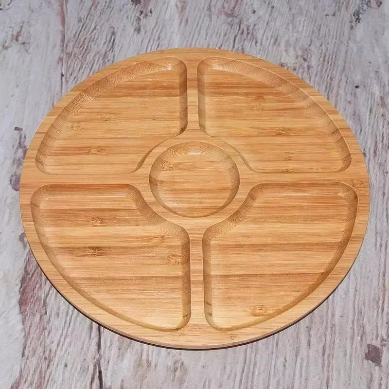 Bamboo Fruit Tray Round Five Compartment Fruit Plate for Snacks Fruits Nuts Wooden Plate with Dividers
