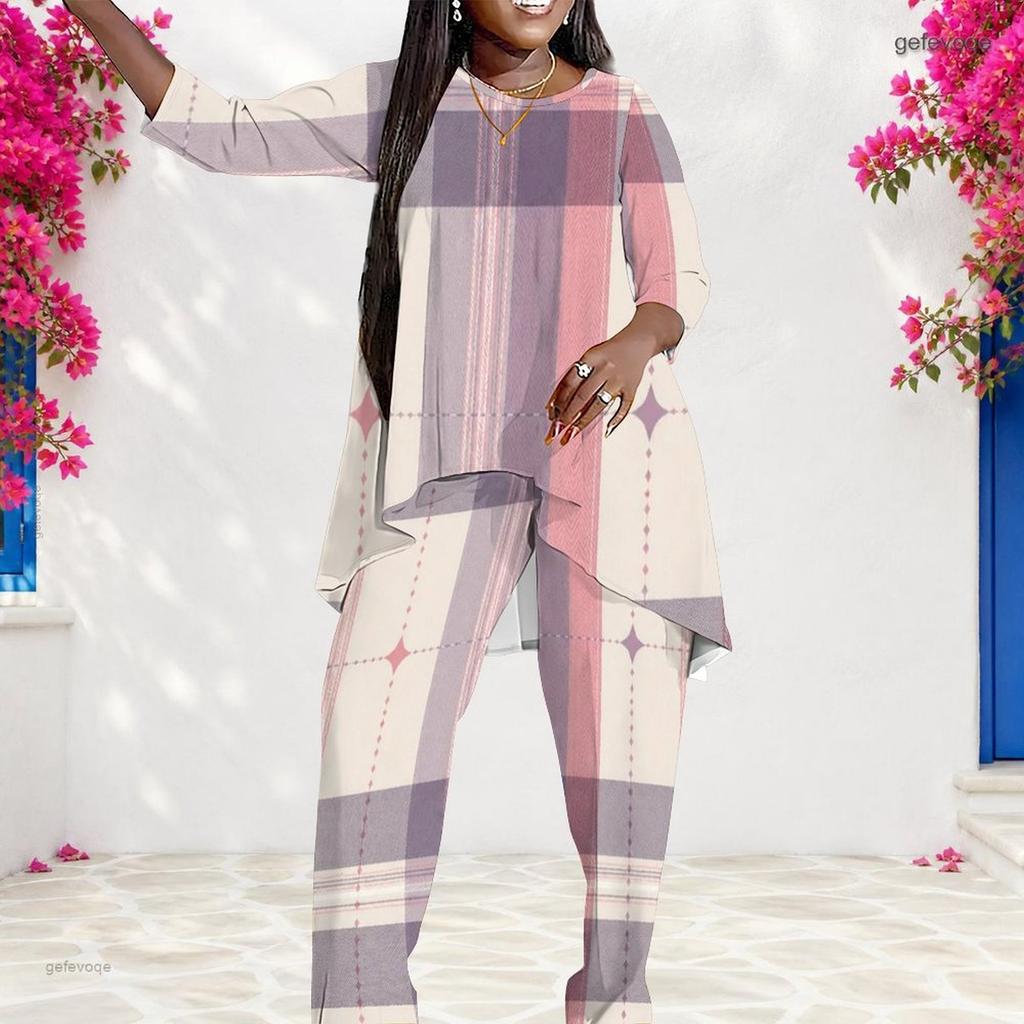 Women Plus Size Round Neck Long Sleeve Printed Layered Top Long Pants Two Piece Set