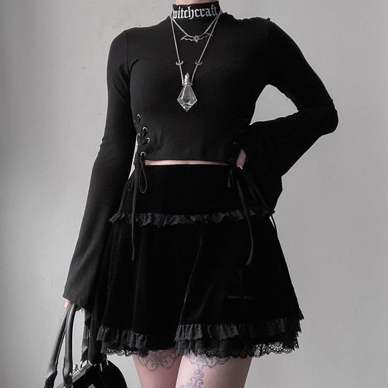 Women Gothic Velvet Mini Skirt High Waist Cross Embroidery Lace Ruffled Hem Short Skirt Winter Streetwear