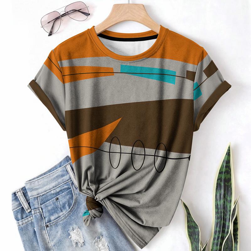 T-shirt da donna estiva a girocollo a maniche corte con motivo astratto stampato in 3D, artistica, leggera, casual e alla moda