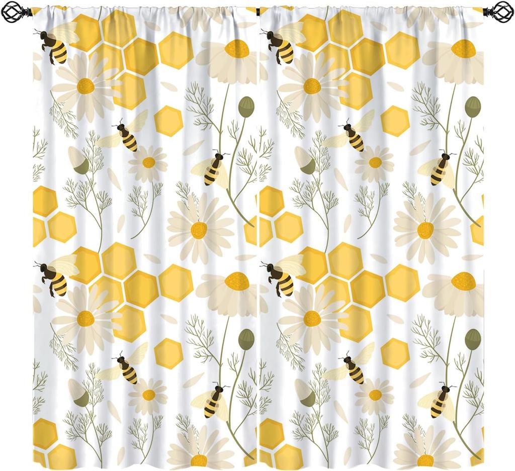 Rustic Honey Bee Curtains Honeycomb Daisy Floral Window Treatments Insulated Drapes Panel Sets Curtain With Rod Pocket Thermal Polyester