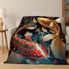 GOOD LUCK Koi Fish Yin Yang Carp Cartoon Flannel Blanket Soft Warm Throw Blanket for Bedroom Living Room Bed Travel Picnic Gift
