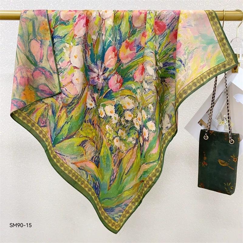 Double-Sided Faux Silk And Wool Printed Scarf For Women Spring And Autumn 90Cm Square Scarf Foulard Bandana Femmel Headscarf