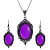 2pcs Set Retro Goth Geometry Oval-shaped Lacework Purple Crystal Pendant Necklace Earring for Women Halloween Magic Jewelry Sets