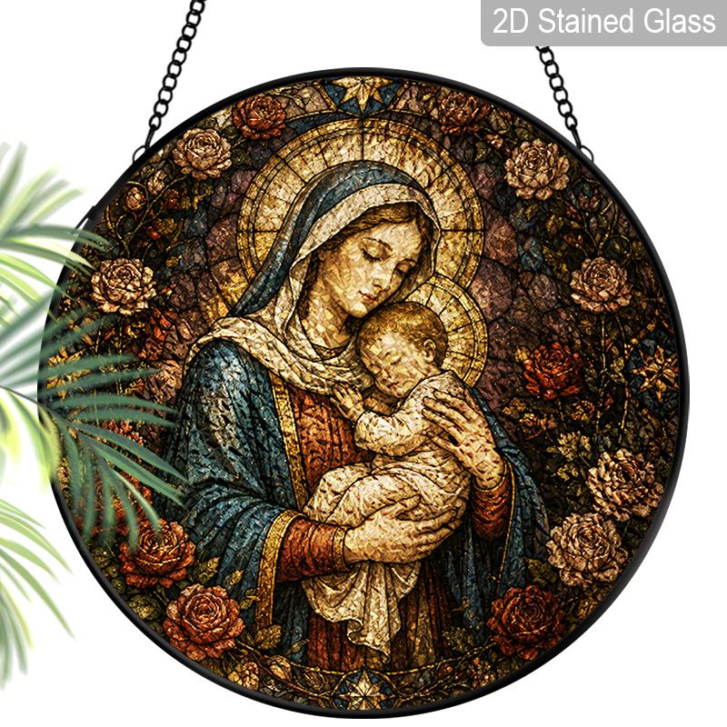 1pc 2D Flat Religious Stained Glass Suncatcher, 6.3/7.87 Inch Religious Christmas Window Suncatcher, Virgin Mary and Jesus Stained Glass Ornament