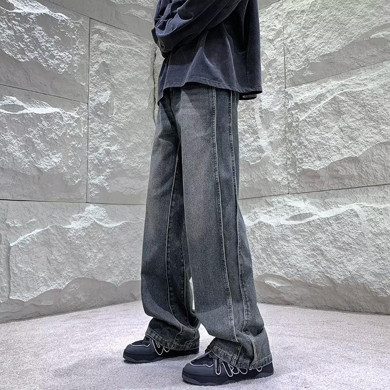 Vintage pants men's autumn ins trendy American high street niche pleated splicing loose straight jeans