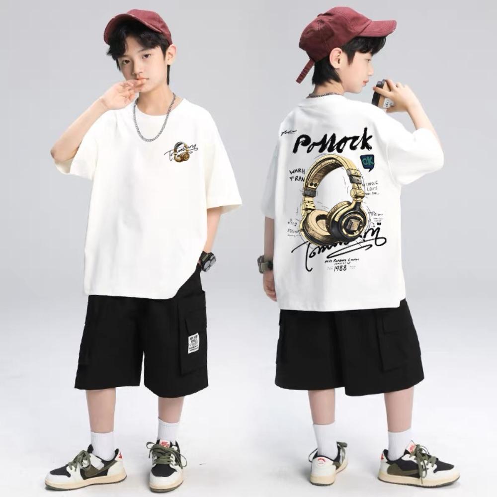 Personalized earphone cartoon print summer casual cotton comfortable round neck short sleeved T-shirt top 110