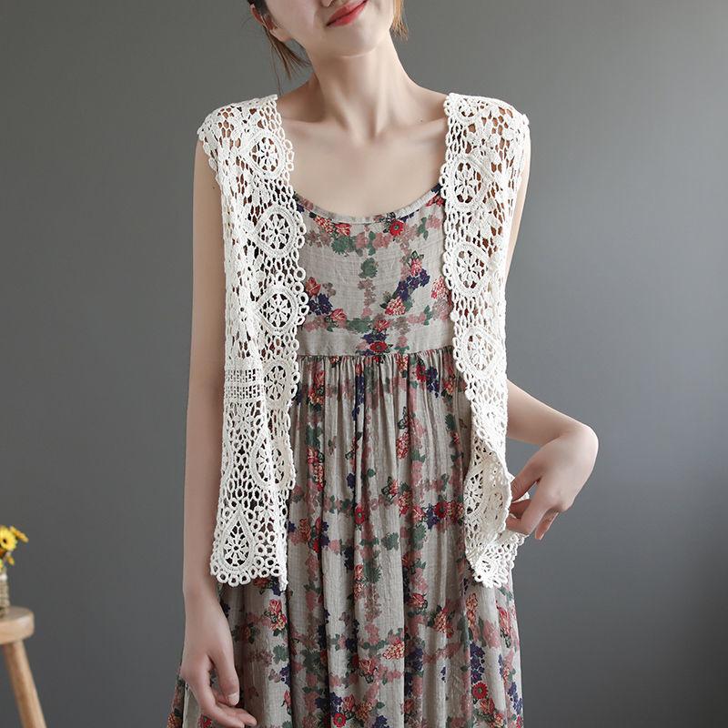 Summer Women Lace Vest Loose Cut-out Cardigan Vest Bohemian Style Cotton Woven Open Front Vest Thin Outwear