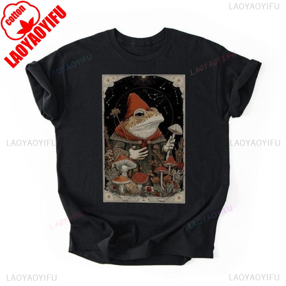 Frog Wizard and Mushroom Tarot TShirt Mystical Spirit Animal Print Shirt Creative Design Unisex Tshirt Men Women Vintage Tee