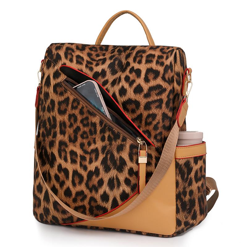 Damen Rucksack aus weichem Leder mit Diebstahlschutz, Mehrzweck-Schultertasche mit Leopardenmuster