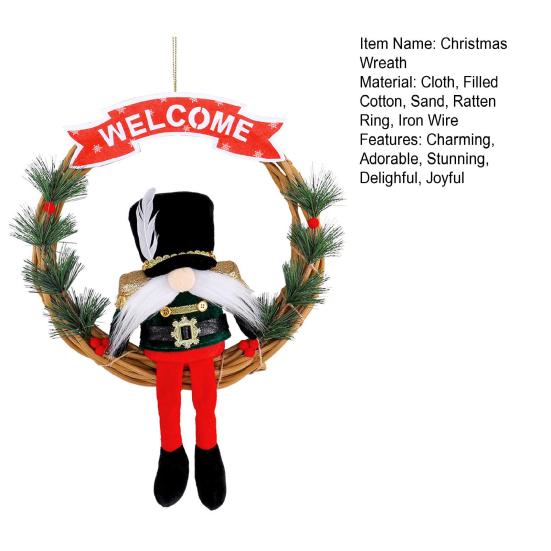 Christmas Gnome Wreath 13 Inch Artificial Vine Wreath with Soldier Gnome Front Door Welcome Sign for Indoor Outdoor Xmas Home Porch Decor